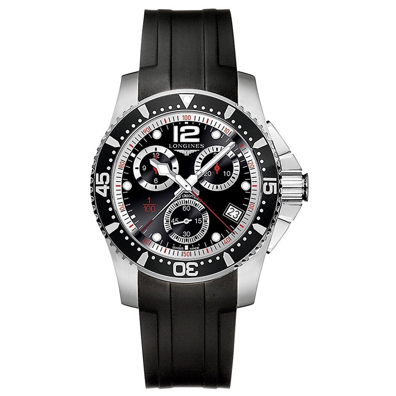 Longines Watches : L3.744.4.56.2 Automatic Chronograph Date Black Rubber Men Watch