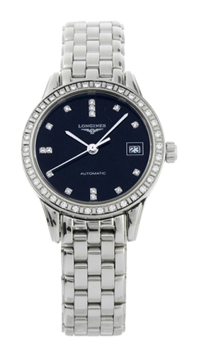 Longines Watches : L4.274.0.57.6 Automatic Black Diamond Date Dial Diamond Set Bezel Stainless Steel Women Watch