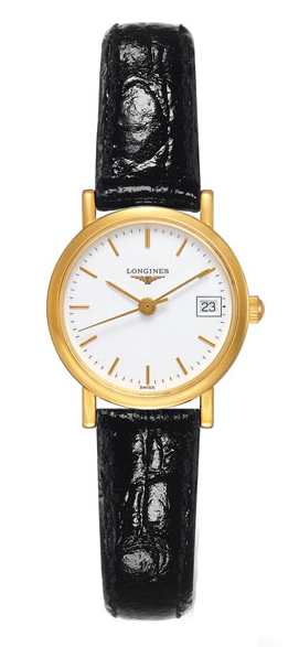 Longines Watches : L4.279.6.12.0 Quartz White Dial Date 18ct Gold Black Leather Women Watch