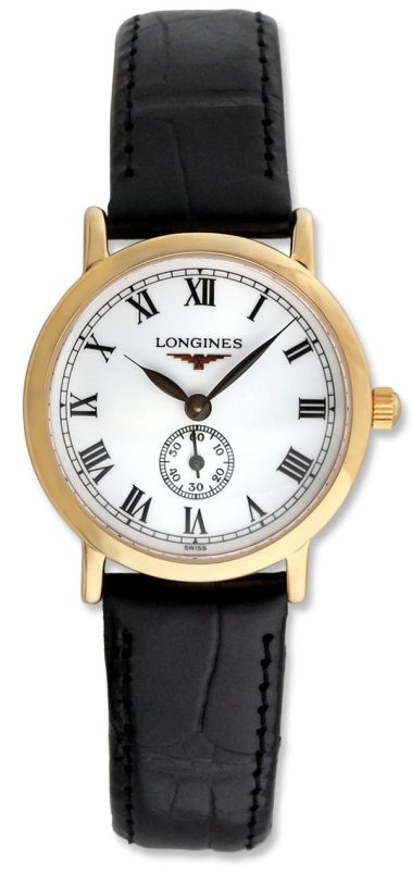 Longines Watches : L4.291.8.21.2 Quartz Polished 18k Rose Gold White With Second Hand At 6 Dial Black Crocodile Leather Band Women Watch