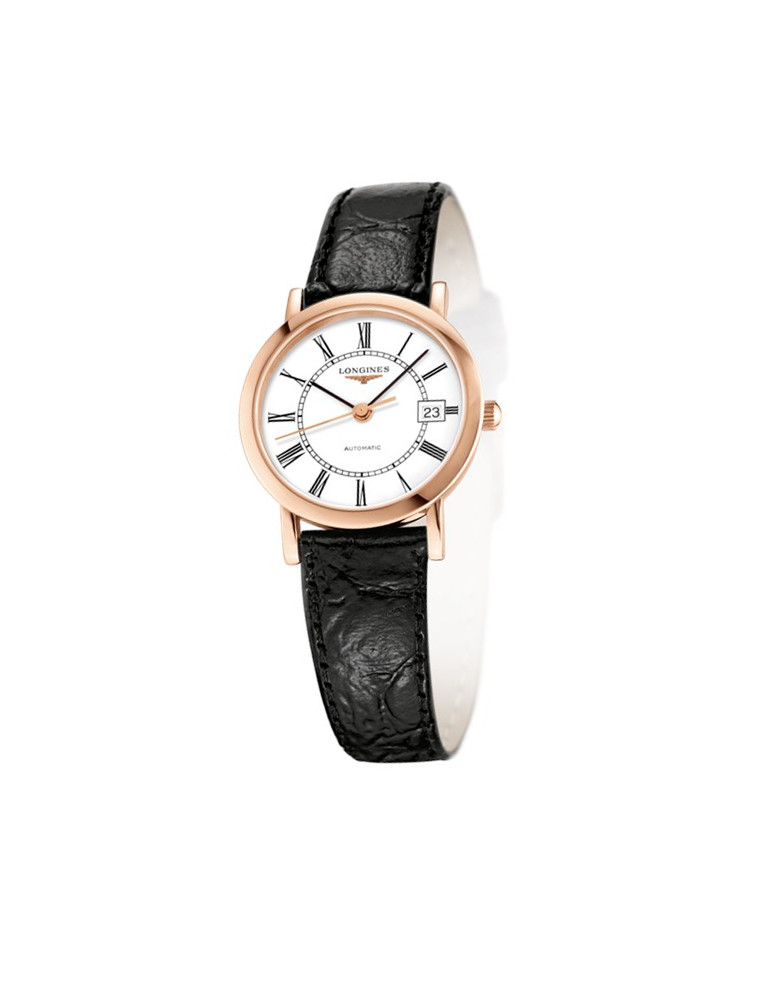 Longines Watches : L4.378.8.11.0 Automatic White Dial Roman Numerals Date 18ct Rose Gold Black Leather Women Watch