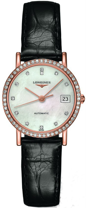 Longines Watches : L4.378.9.87.0 Automatic Mother of Pearl Diamond Dial 18ct Rose Gold Diamond Case Black Alligator Strap Women Watch