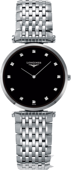 Longines Watches : L4.512.4.58.6 Quartz Black Diamond Dial Stainless Steel Women Watch