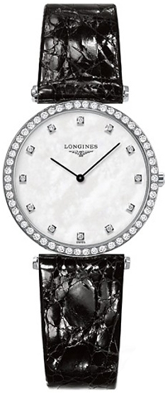 Longines Watches : L4.513.0.87.2 Quartz Mother of Pearl Diamond Dial Diamonds Bezel Black Leather Women Watch