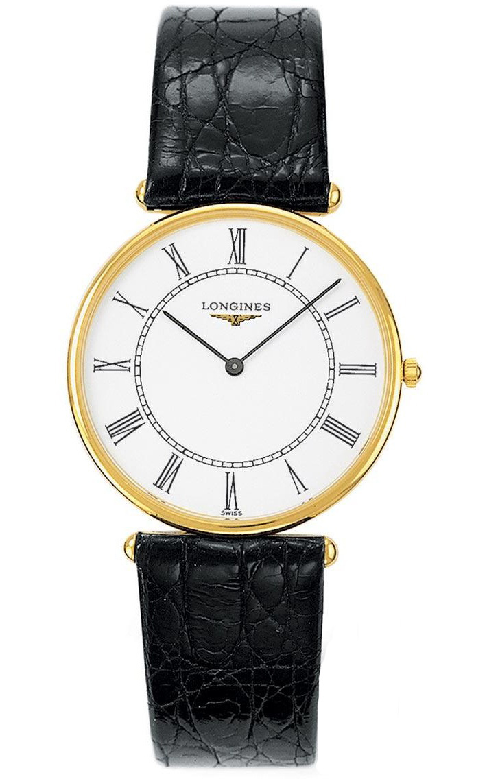 Longines Watches : L4.691.6.11.0 Quartz White Dial Roman Numerals 18ct Gold Bezel Black Leather Men Watch