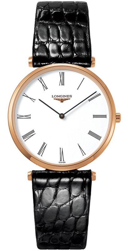 Longines Watches : L4.709.1.11.2 Quartz 18k Rose Gold Tone White Roman Numeral Dial Black Alligator Leather Band Men Watch