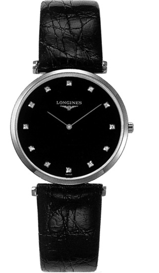Longines Watches : L4.709.4.58.2 Quartz Black Diamond Dial Black Leather Men Watch