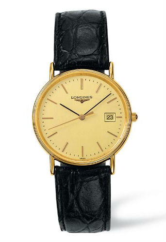 Longines Watches : L4.720.2.32.2 Quartz Analog Date Gold Tone Stainless Steel Case Black Leather Men Watch