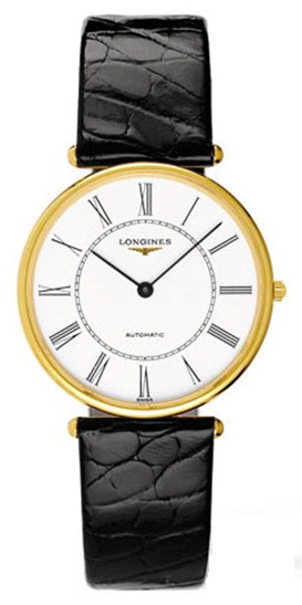 Longines Watches : L4.738.6.11.2 Automatic 18k Polished Yellow Gold White With Black Roman Numeral Dial Black Crocodile Leather Band Men Watch