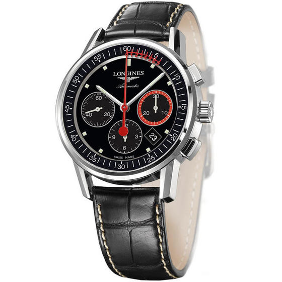 Longines Watches : L4.754.4.52.4 Automatic Black Dial Date Black Leather Men Watch