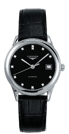 Longines Watches : L4.774.4.57.2 Automatic Black Diamonds Dial Black Leather Men Watch