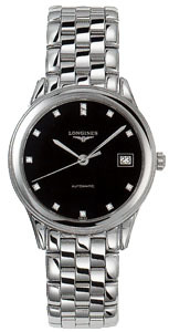 Longines Watches : L4.774.4.57.6 Automatic Polished Stainless Steel Black With Diamonds And Date At 3 Dial Polished Stainless Steel Band Men Watch