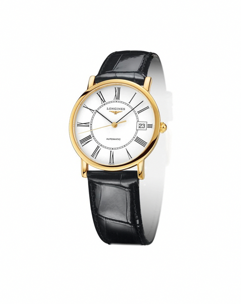 Longines Watches : L4.778.6.11.0 Automatic White Dial Roman Numerals Date 18ct Gold Bezel Black Leather Men Watch