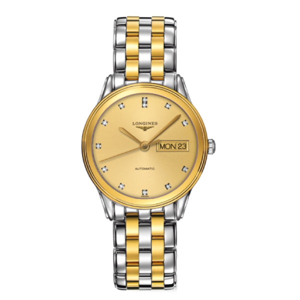 Longines Watches : L4.799.3.37.7 Automatic Gold Diamonds Day Date Dial Two Tone Stainless Steel Men Watch