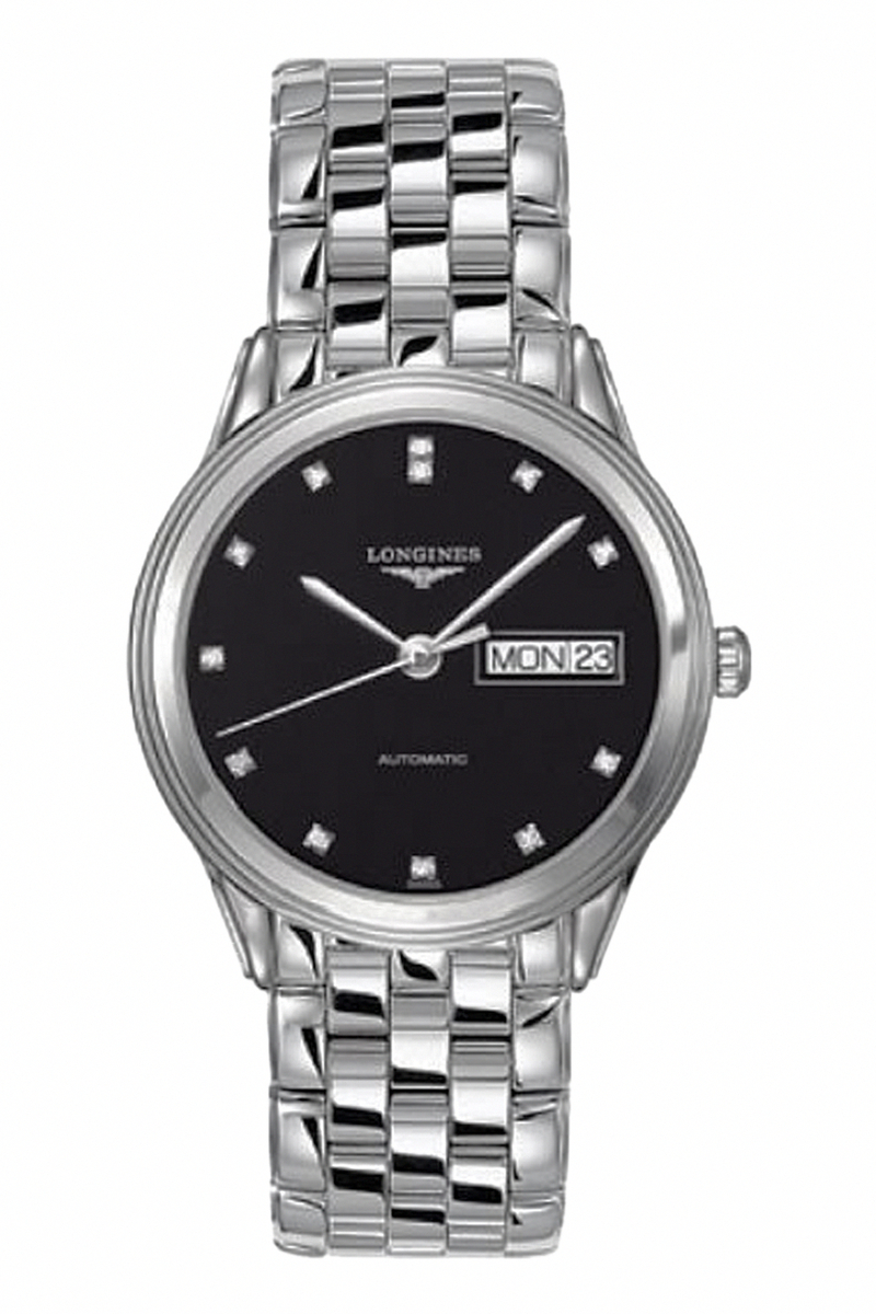 Longines Watches : L4.799.4.57.6 Automatic Black Diamond Dial Day Date Stainless Steel Men Watch