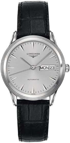 Longines Watches : L4.799.4.72.2 Automatic Silver Dial Day Date Black Leather Men Watch