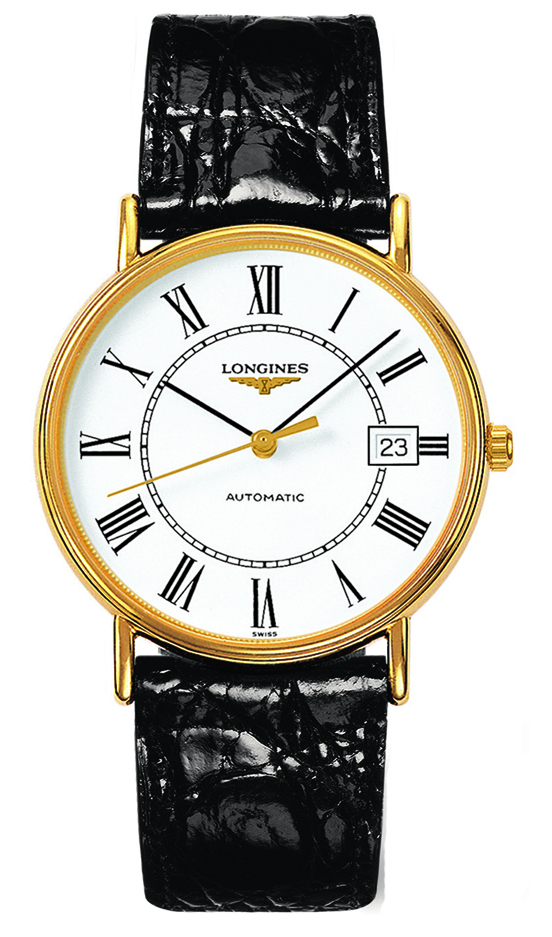 Longines Watches : L4.921.2.11.2 Automatic White Dial Roman Numerals Date PVD Gold Coating Bezel Black Leather Men Watch