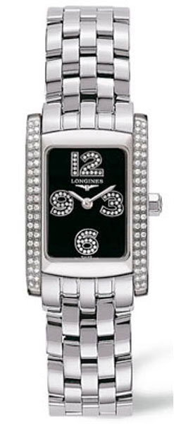 Longines Watches : L5.155.0.51.6 Quartz Stainless Steel Black Set With 60 Diamonds In Hour Markers Dial Polished Stainless Steel Band Women Watch