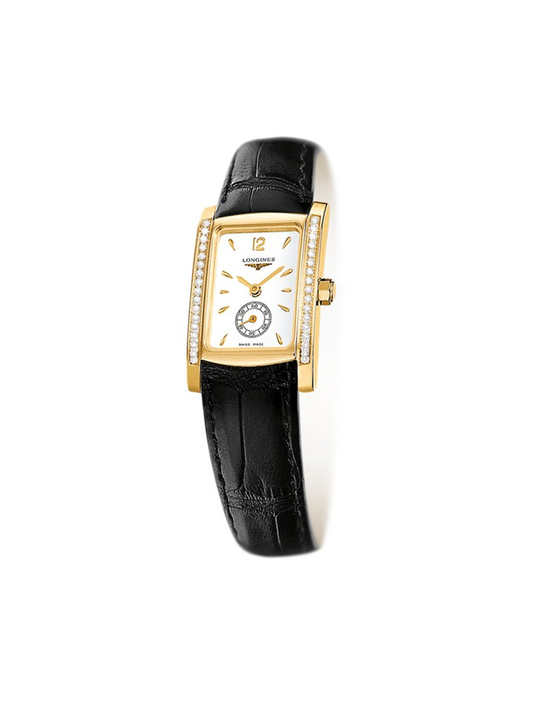 Longines Watches : L5.155.7.16.0 Quartz White Dial 18ct Gold Diamonds Bezel Black Leather Women Watch