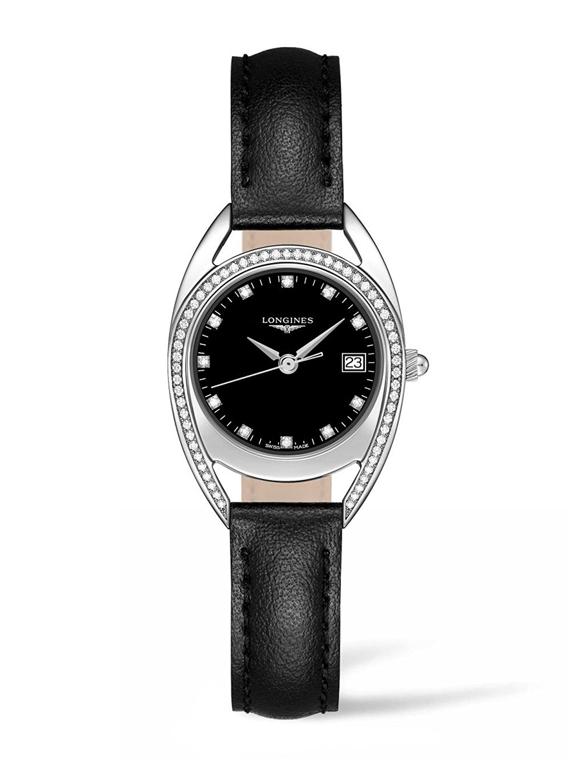 Longines Watches : L6.136.0.57.0 Quartz Diamond Dial Diamond Bezel Black Leather Women Watch
