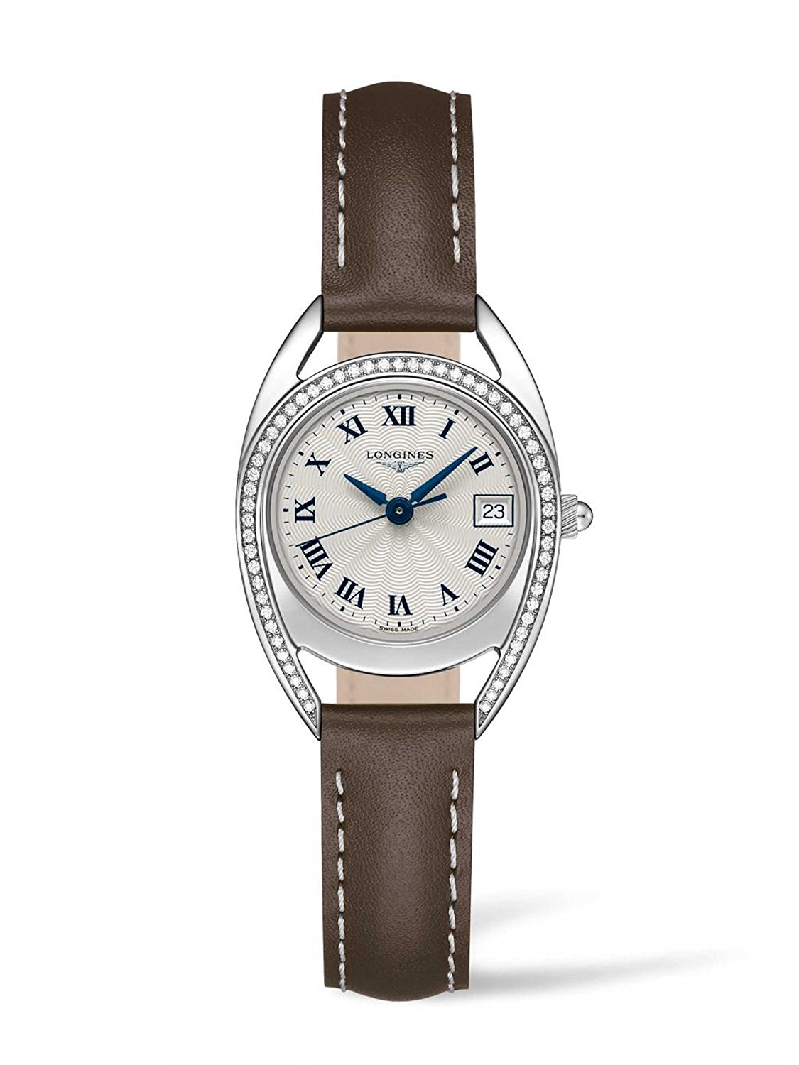 Longines Watches : L6.136.0.71.2 Quartz Roman Numerals Dial Diamond Bezel Brown Leather Women Watch