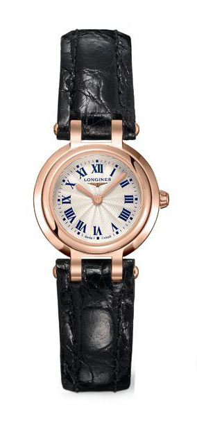 Longines Watches : L8.109.8.78.2 Quartz Silver Roman Numerals Dial 18ct Rose Gold Bezel Black Leather Women Watch