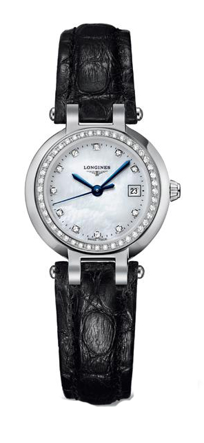Longines Watches : L8.110.0.87.2 Quartz Mother of Pearl Diamonds Dial Diamonds Bezel Black Leather Women Watch