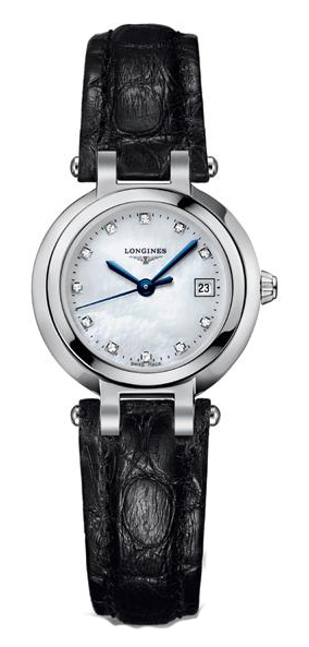 Longines Watches : L8.110.4.87.2 Quartz Mother of Pearl Diamonds Dial Date Black Leather Women Watch