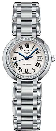 Longines Watches : L8.111.0.71.6 Automatic White Dial Roman Numerals Date Diamonds Bezel Stainless Steel Women Watch