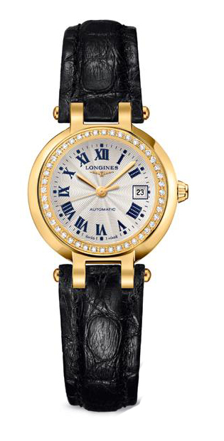 Longines Watches : L8.111.7.78.2 Automatic Silver Dial Roman Numerals Date Diamonds 18ct Gold Bezel Black Leather Women Watch