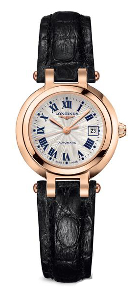 Longines Watches : L8.111.8.78.2 Automatic Silver Dial Roman Numerals 18ct Rose Gold Black Leather Women Watch