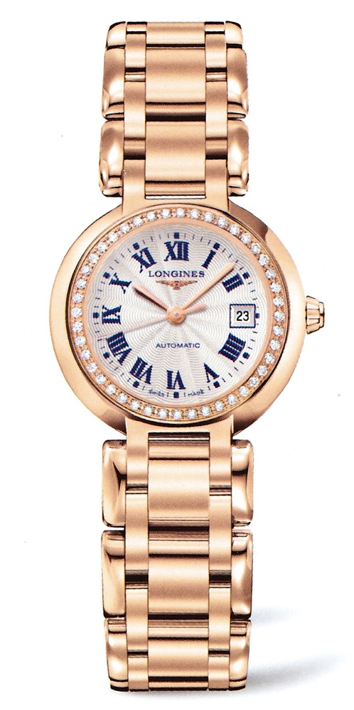 Longines Watches : L8.111.9.78.6 Automatic Silver Dial Roman Numerals Date Diamond Bezel 18ct Rose Gold Women Watch