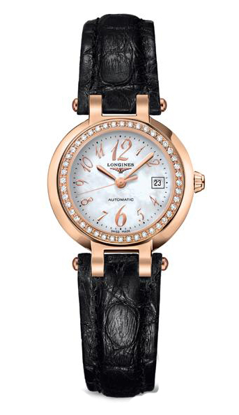 Longines Watches : L8.111.9.83.2 Automatic Mother of Pearl Date Dial Diamond 18ct Rose Gold Black Leather Women Watch