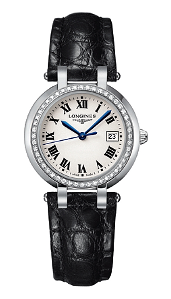 Longines Watches : L8.112.0.71.2 Quartz White Roman Numeral Dial Diamond Bezel Black Leather Women Watch