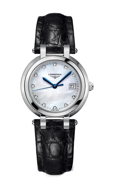 Longines Watches : L8.112.4.87.2 Quartz Mother of Pearl Diamond Dial Black Leather Women Watch