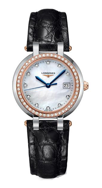 Longines Watches : L8.112.5.89.2 Quartz Mother of Pearl Diamond Dial 18ct Rose Gold Diamond Bezel Black Leather Women Watch