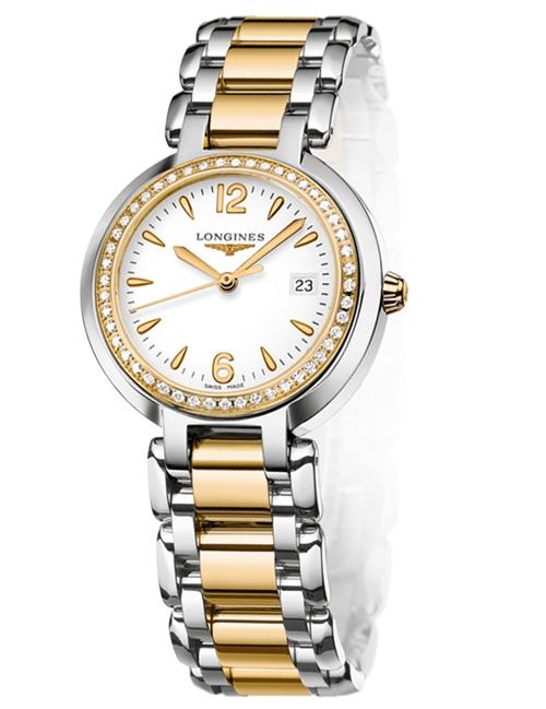 Longines Watches : L8.112.5.94.6 Quartz White Dial Date Diamonds Bezel Stainless Steel and 18ct Gold Women Watch