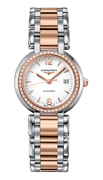 Longines Watches : L8.113.5.19.6 Automatic White Dial Date Diamonds Bezel Stainless Steel and 18ct Rose Gold Women Watch
