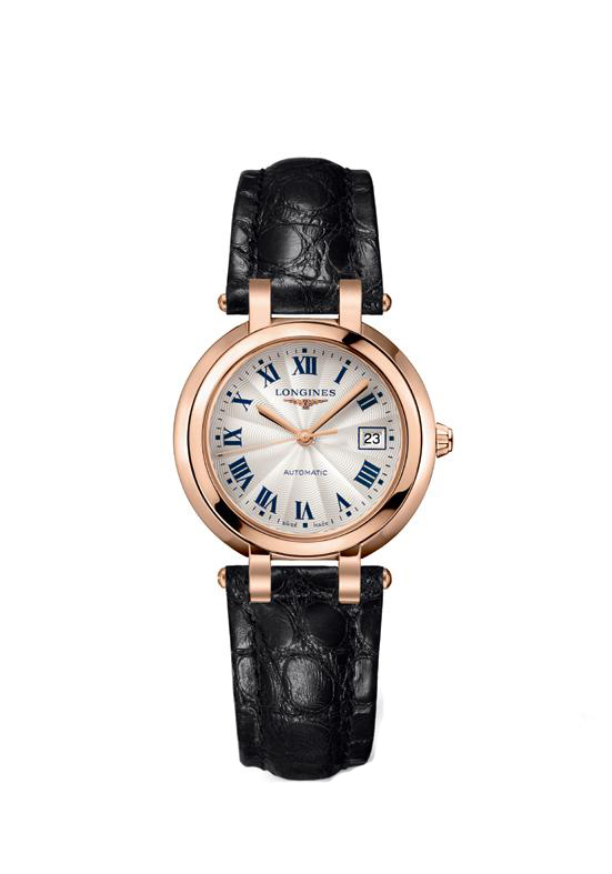 Longines Watches : L8.113.8.78.2 Automatic Silver Dial Date Roman Numerals 18ct Rose Gold Black Leather Women Watch