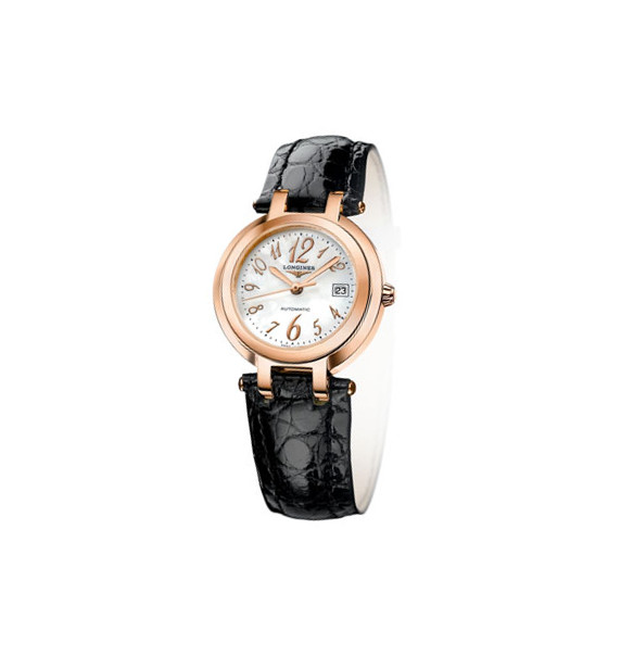 Longines Watches : L8.113.8.83.2 Automatic 18ct Rose Gold Bezel Black Leather Women Watch