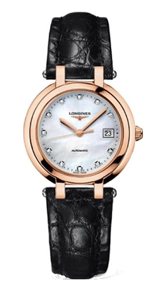 Longines Watches : L8.113.8.87.2 Automatic Mother of Pearl Diamonds Dial Date 18ct Rose Gold Black Leather Women Watch