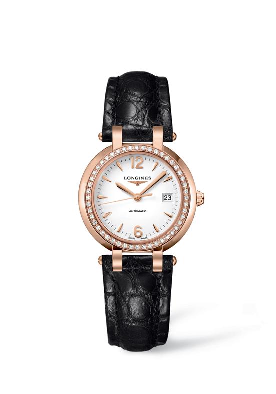 Longines Watches : L8.113.9.16.2 Automatic White Dial Date Diamonds 18ct Rose Gold Bezel Black Leather Women Watch