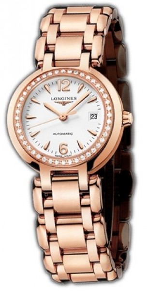 Longines Watches : L8.113.9.16.6 Automatic White Dial Date Diamonds Bezel 18ct Rose Gold Women Watch
