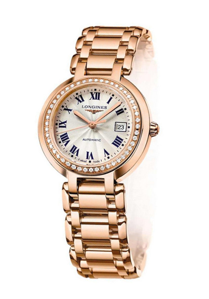Longines Watches : L8.113.9.78.6 Automatic Silver Dial Roman Numerals Diamonds Bezel 18ct Rose Gold Women Watch