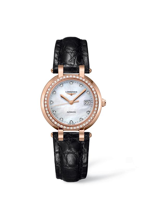 Longines Watches : L8.113.9.87.2 Automatic Mother of Pearl Diamonds Dial 18ct Rose Gold Diamonds Bezel Black Leather Women Watch