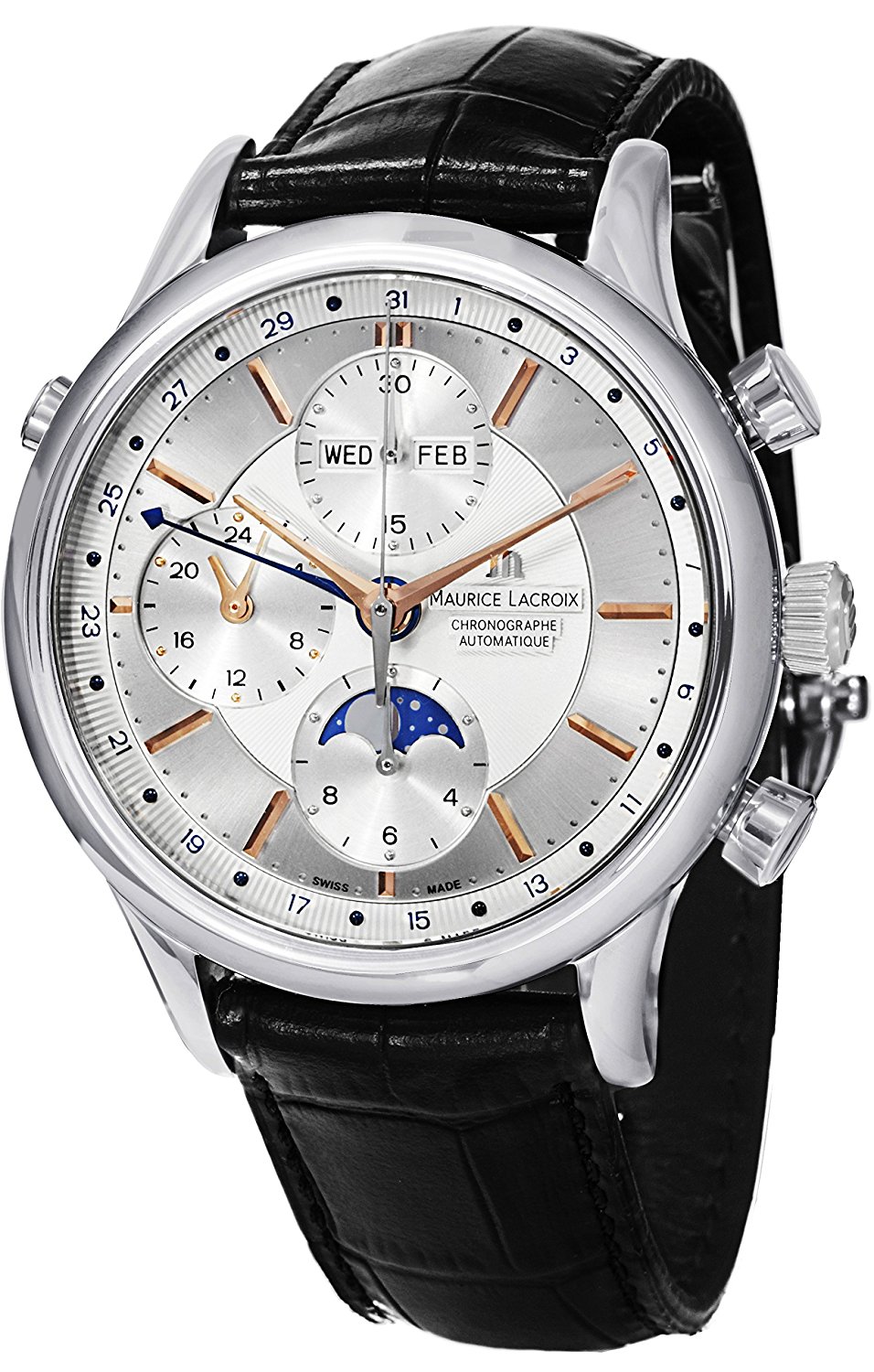 Maurice Lacroix Watches : LC6078-SS001-131 Automatic Chronograph Moon Phase Black Leather Men Watch