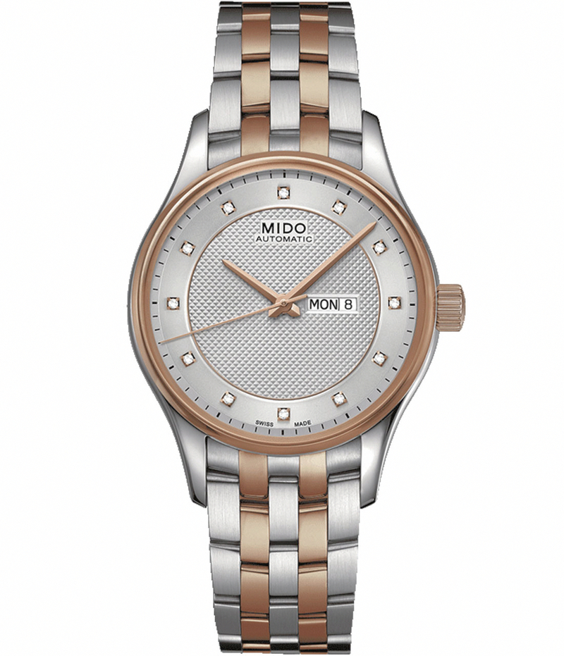 Mido Watches : M001.230.22.036.91 Automatic Silver Dial Rose Gold Tone Case And Diamonds On Hour Indices With Rose Gold And Stainless Steel Bracelet Women Watch