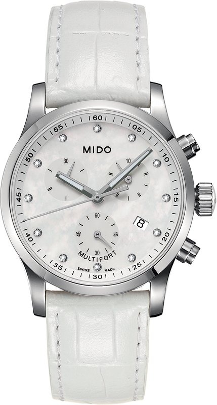 Mido Watches : M005.217.16.116.30 Quartz Mother Of Pearl Dial And Chrongraph Stainless Steel Case With Black Leather Strap Women Watch