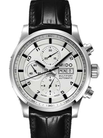 Mido Watches : M005.614.16.037.21 Automatic Chronograph Silver Dial Stainless Steel Case With Black Leather Strap Men Watch