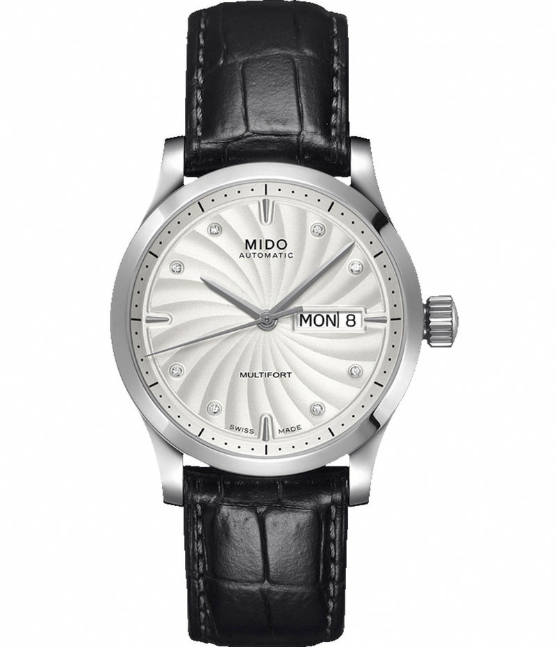 Mido Watches : M005.830.16.036.22 Automatic White Dial Stainless Steel And Diamonds On Hour Indices With Black Leather Strap Women Watch